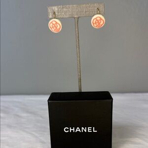 Chanel Vintage Camellia Drop Earrings Enamel 16mm Box EUC France